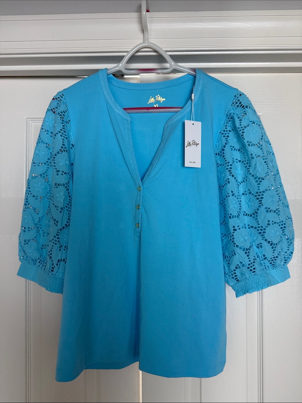 Lilly Pulitzer Bright Turquoise Eyelet Puff-Sleeve V-Neck Top